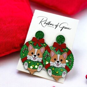 Doggone Delightful: NWT Christmas Corgi Wreath Dangle Earrings! Holiday Jewelry